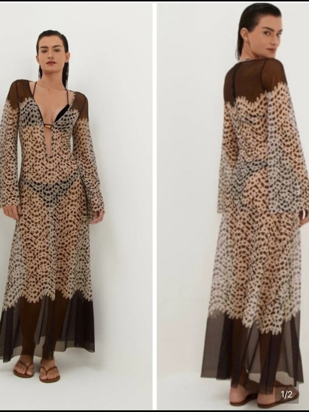 Caroline Constas Sheer Leopard-Print Maxi Coverup in Black and Brown